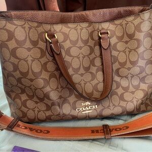 Coach Logan Carryall Brow Signature Canvas Tote with Leather Trim, Logo Hardware
